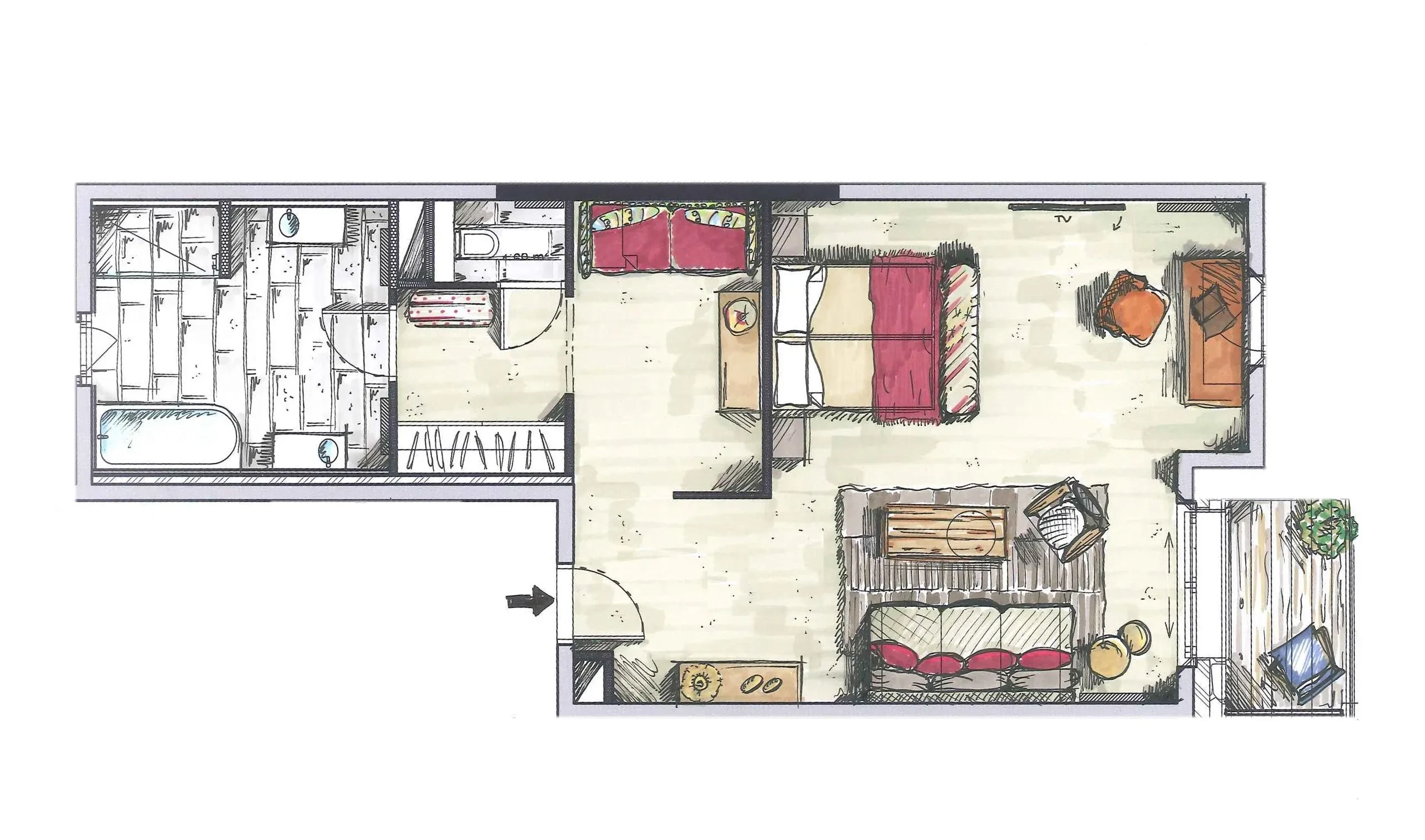 Plan d'étage d'un appartement avec mobilier, Hôtel de luxe La Mourra à Val d’Isèr