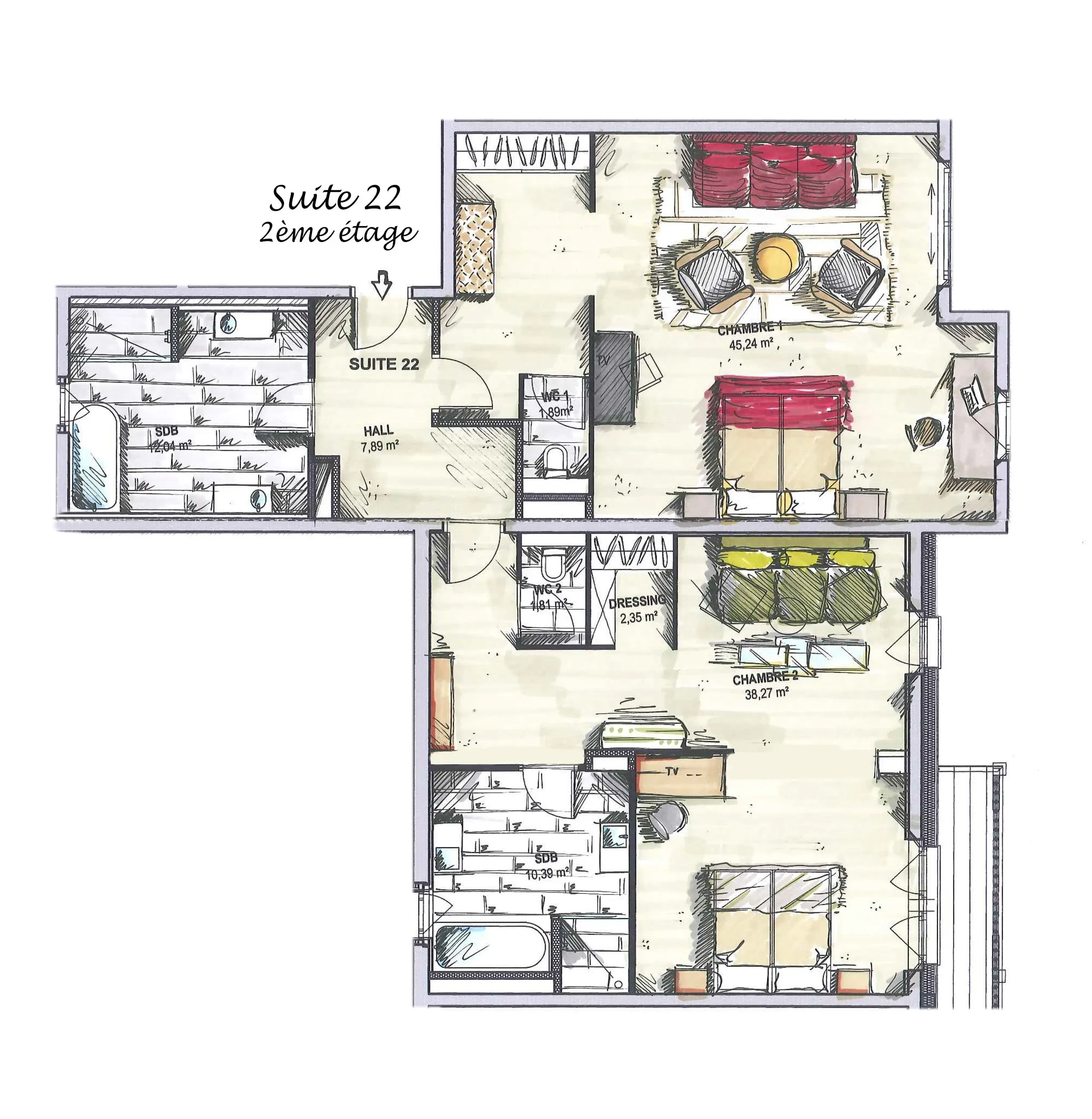 Plan de la suite 22, deuxième étage, Hôtel de luxe La Mourra à Val d’Isèr