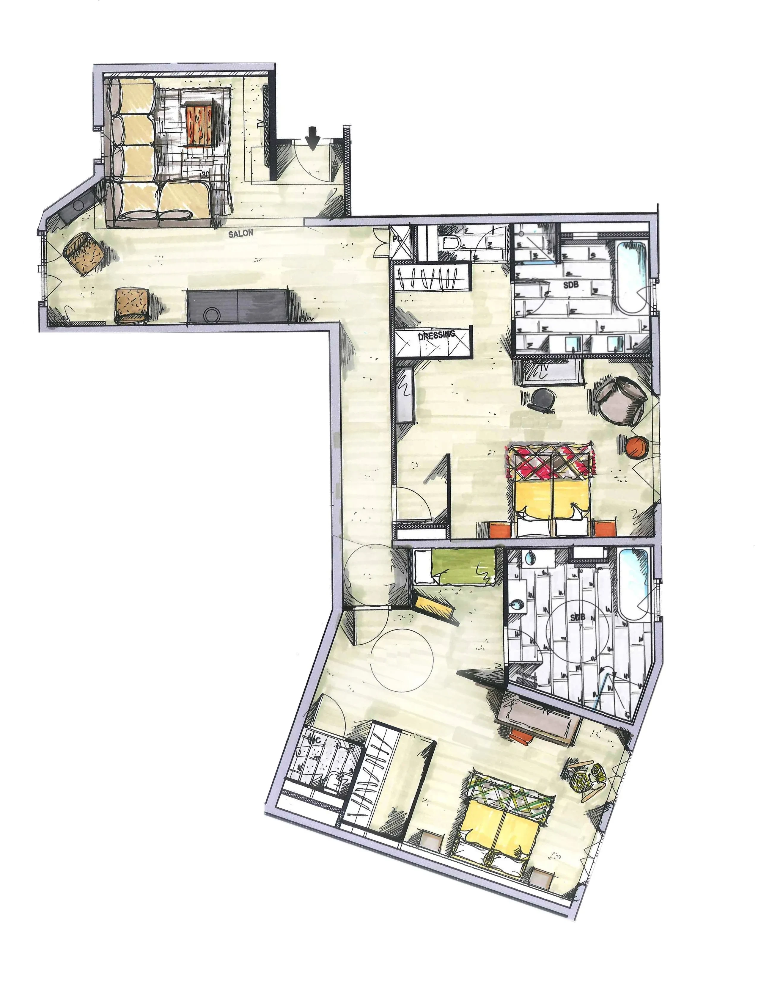 Plan d'étage d'un appartement avec mobilier dessiné, Hôtel de luxe La Mourra à Val d’Isère