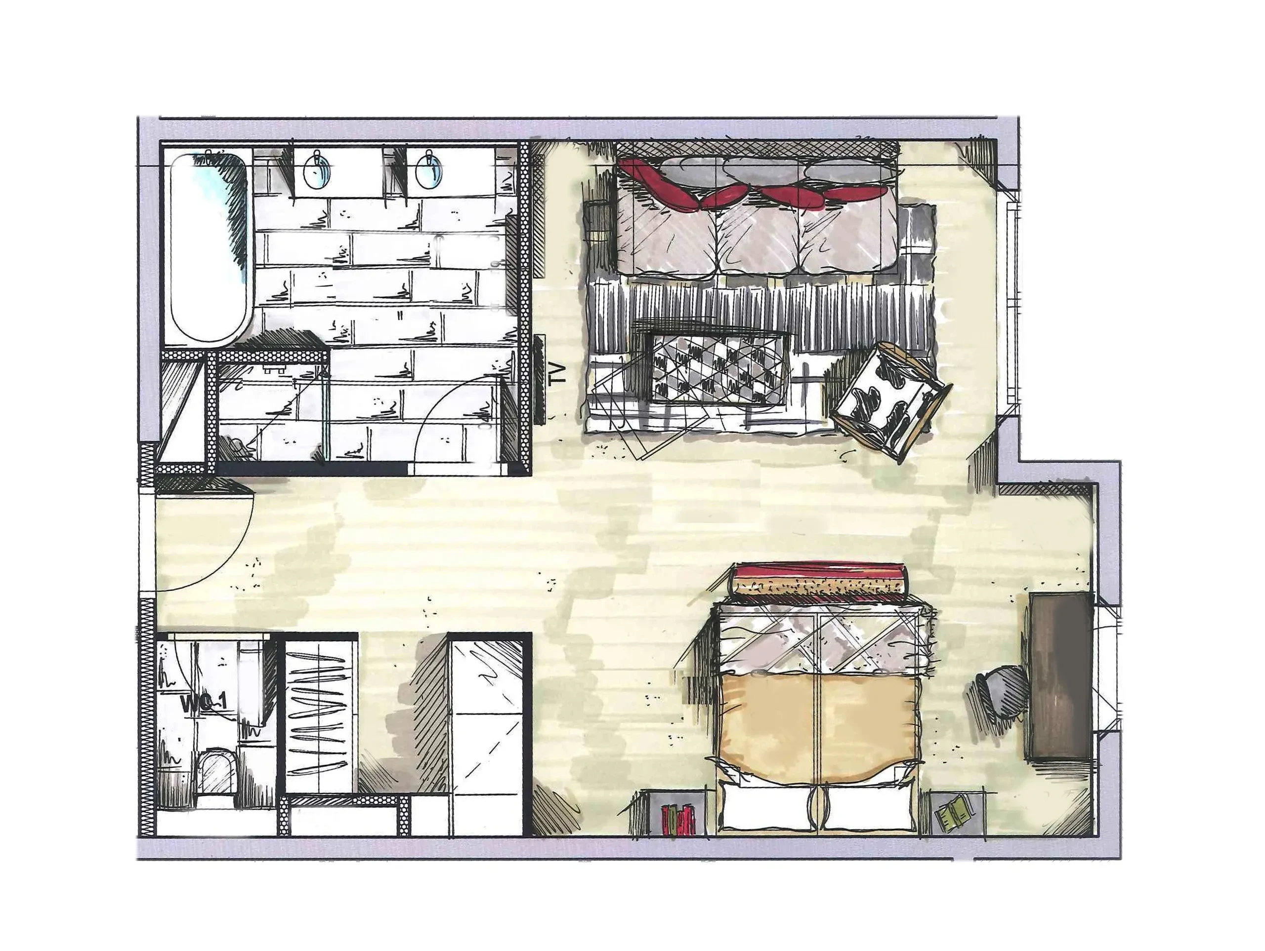 Plan d'étage avec salle de bain et chambre, Hôtel de luxe La Mourra à Val d’Isèr