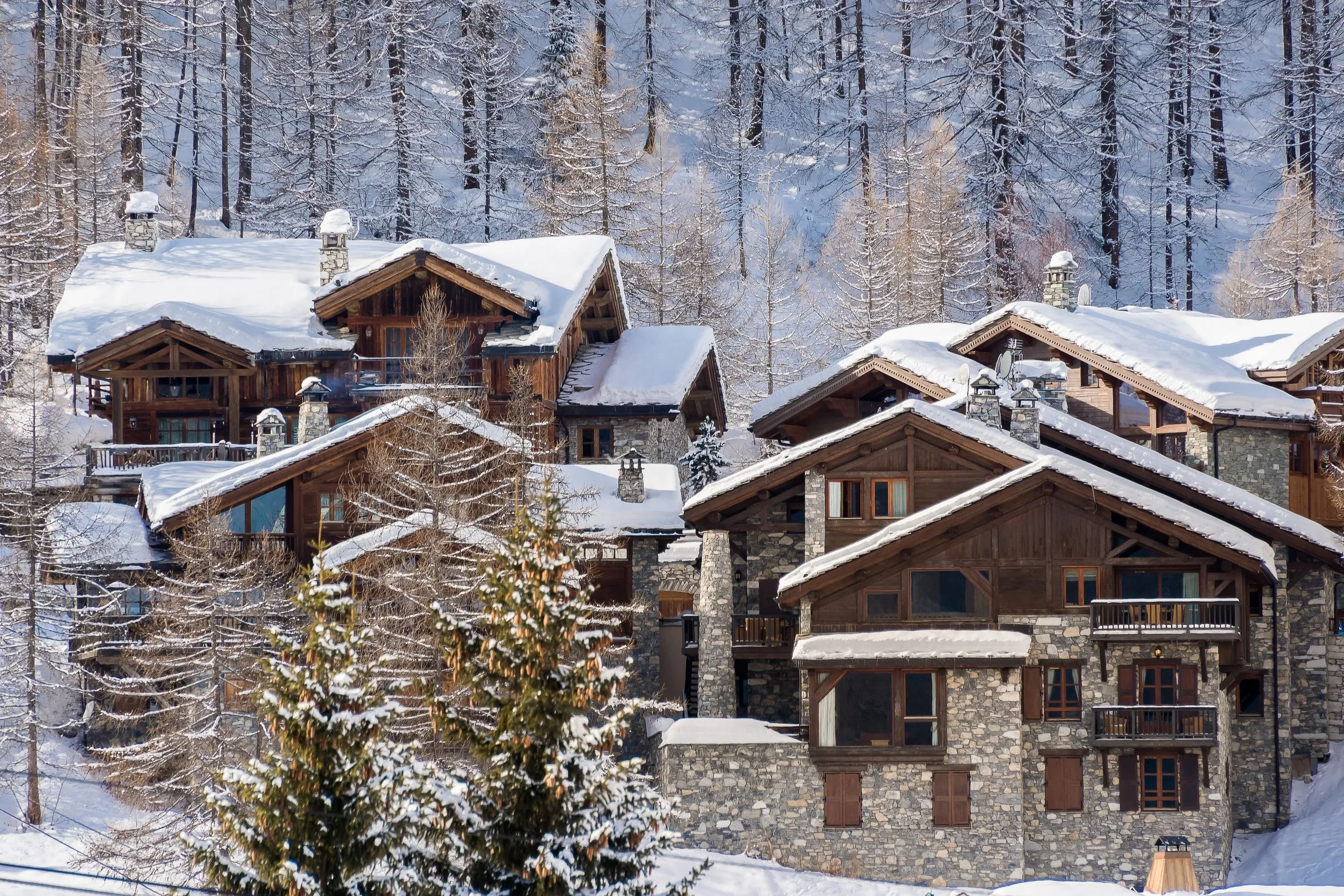 Chalets enneigés en montagne avec arbres hivernaux.